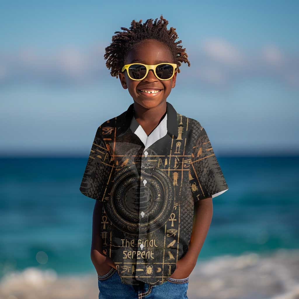 Atum Ancient Egyptian Kid Hawaiian Shirt with Dark Hieroglyph Grid, Ouroboros Serpent Ring and The Final Serpent - Wonder Print Shop