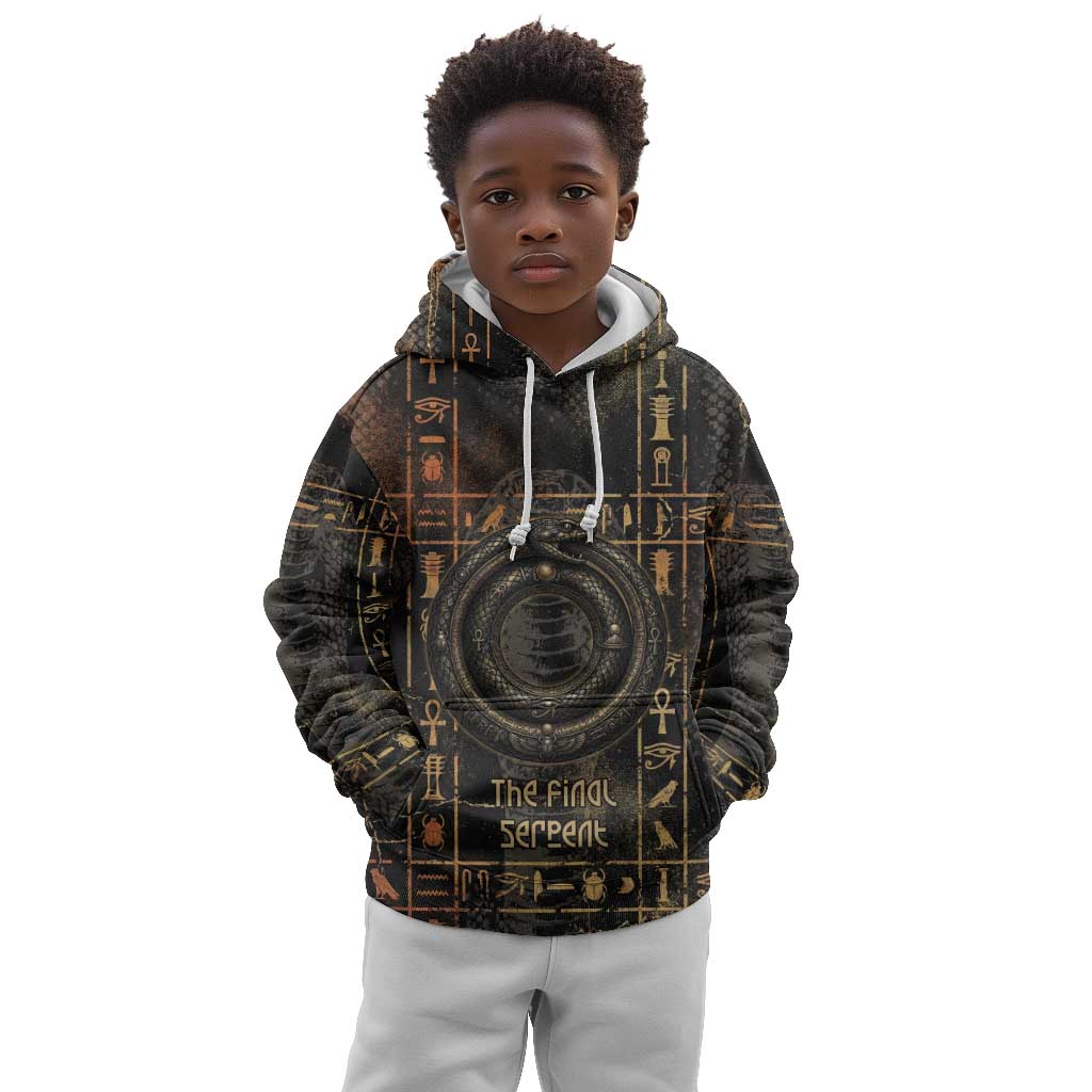 Atum Ancient Egyptian Kid Hoodie with Dark Hieroglyph Grid, Ouroboros Serpent Ring and The Final Serpent - Wonder Print Shop