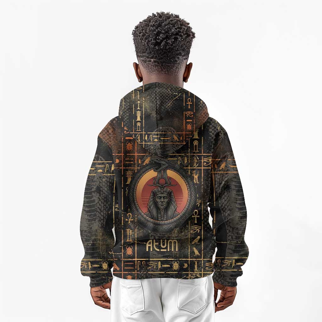 Atum Ancient Egyptian Kid Hoodie with Dark Hieroglyph Grid, Ouroboros Serpent Ring and The Final Serpent - Wonder Print Shop