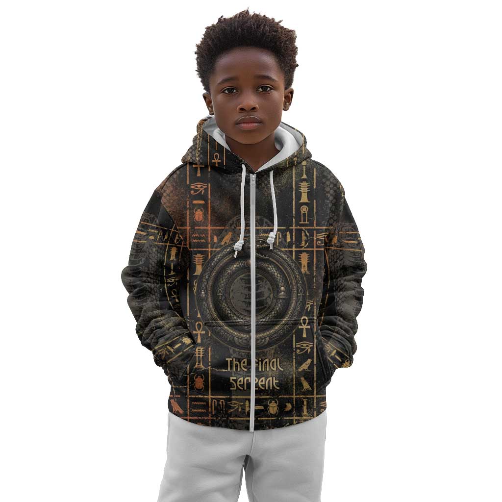 Atum Ancient Egyptian Kid Hoodie with Dark Hieroglyph Grid, Ouroboros Serpent Ring and The Final Serpent - Wonder Print Shop
