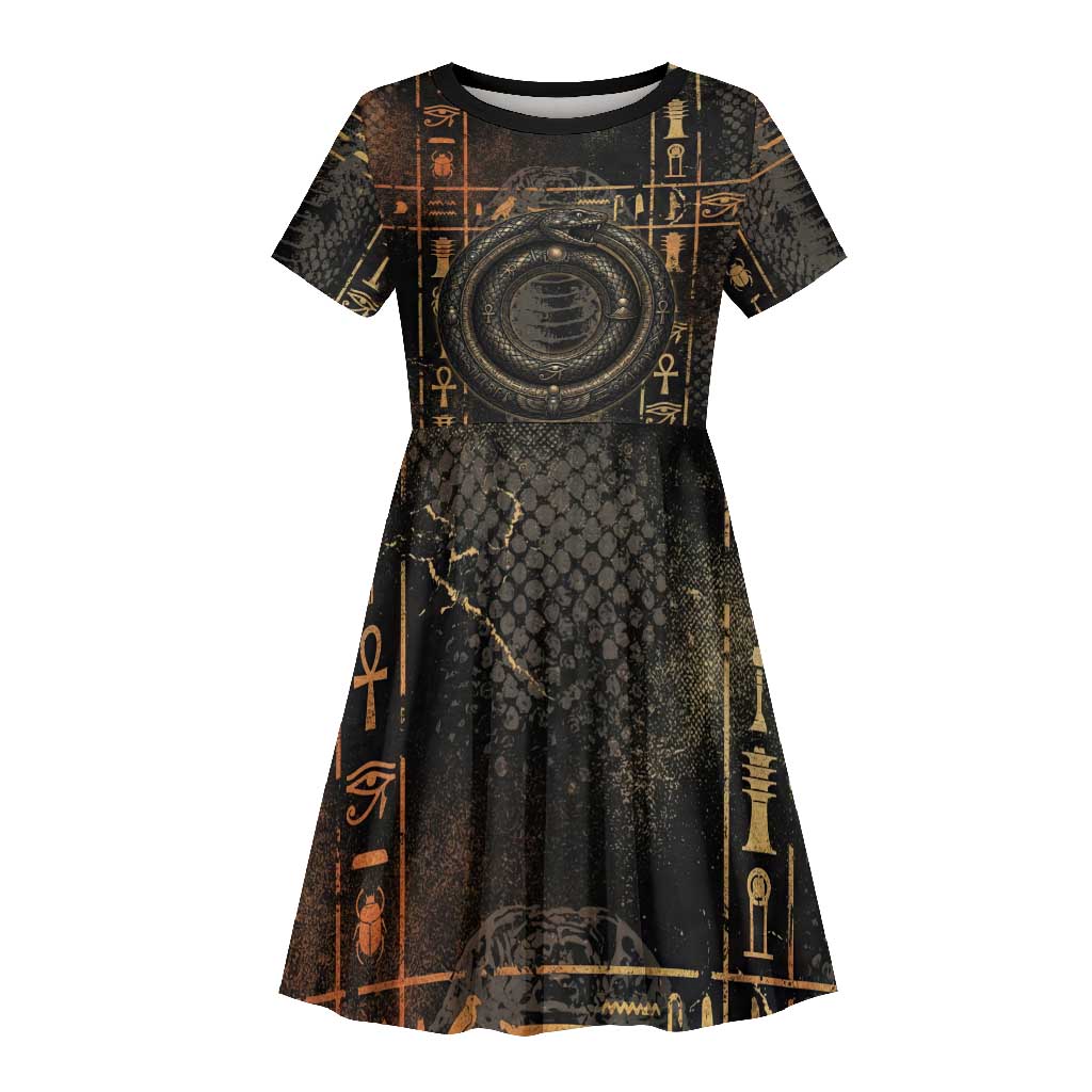 Atum Ancient Egyptian Kid Short Sleeve Dress with Dark Hieroglyph Grid, Ouroboros Serpent Ring and The Final Serpent - Wonder Print Shop