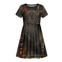 Atum Ancient Egyptian Kid Short Sleeve Dress with Dark Hieroglyph Grid, Ouroboros Serpent Ring and The Final Serpent - Wonder Print Shop