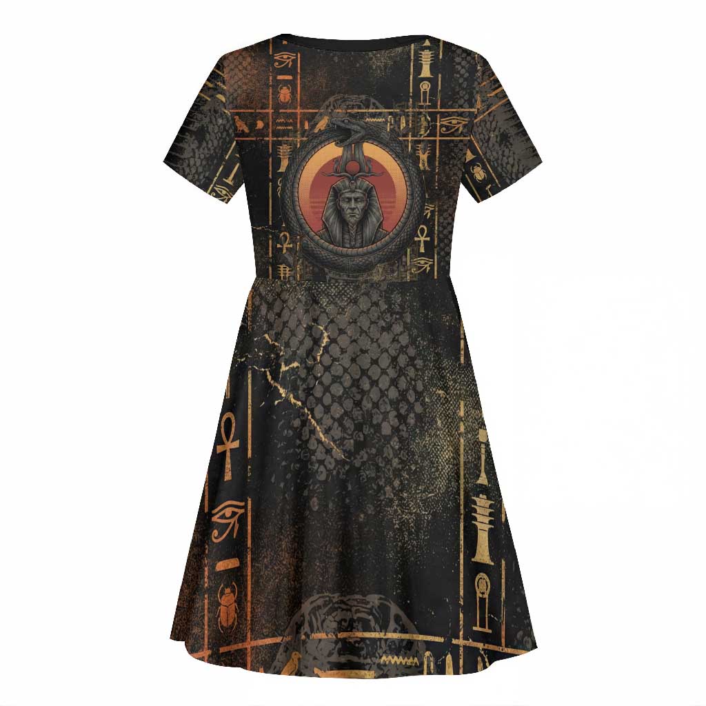 Atum Ancient Egyptian Kid Short Sleeve Dress with Dark Hieroglyph Grid, Ouroboros Serpent Ring and The Final Serpent - Wonder Print Shop