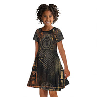 Atum Ancient Egyptian Kid Short Sleeve Dress with Dark Hieroglyph Grid, Ouroboros Serpent Ring and The Final Serpent - Wonder Print Shop