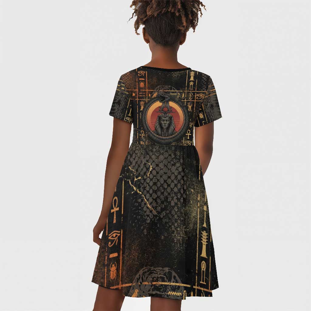Atum Ancient Egyptian Kid Short Sleeve Dress with Dark Hieroglyph Grid, Ouroboros Serpent Ring and The Final Serpent - Wonder Print Shop