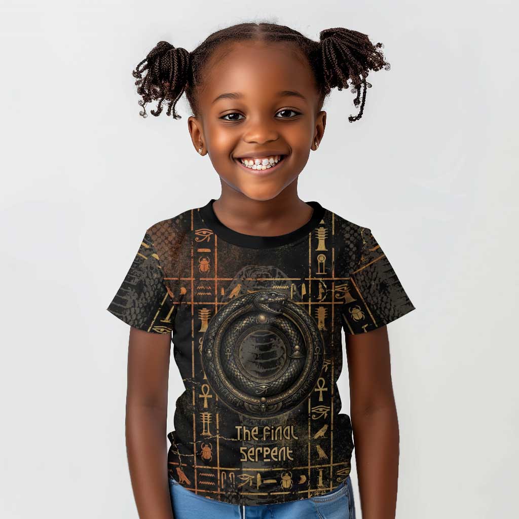 Atum Ancient Egyptian Kid T shirt with Dark Hieroglyph Grid, Ouroboros Serpent Ring and The Final Serpent - Wonder Print Shop