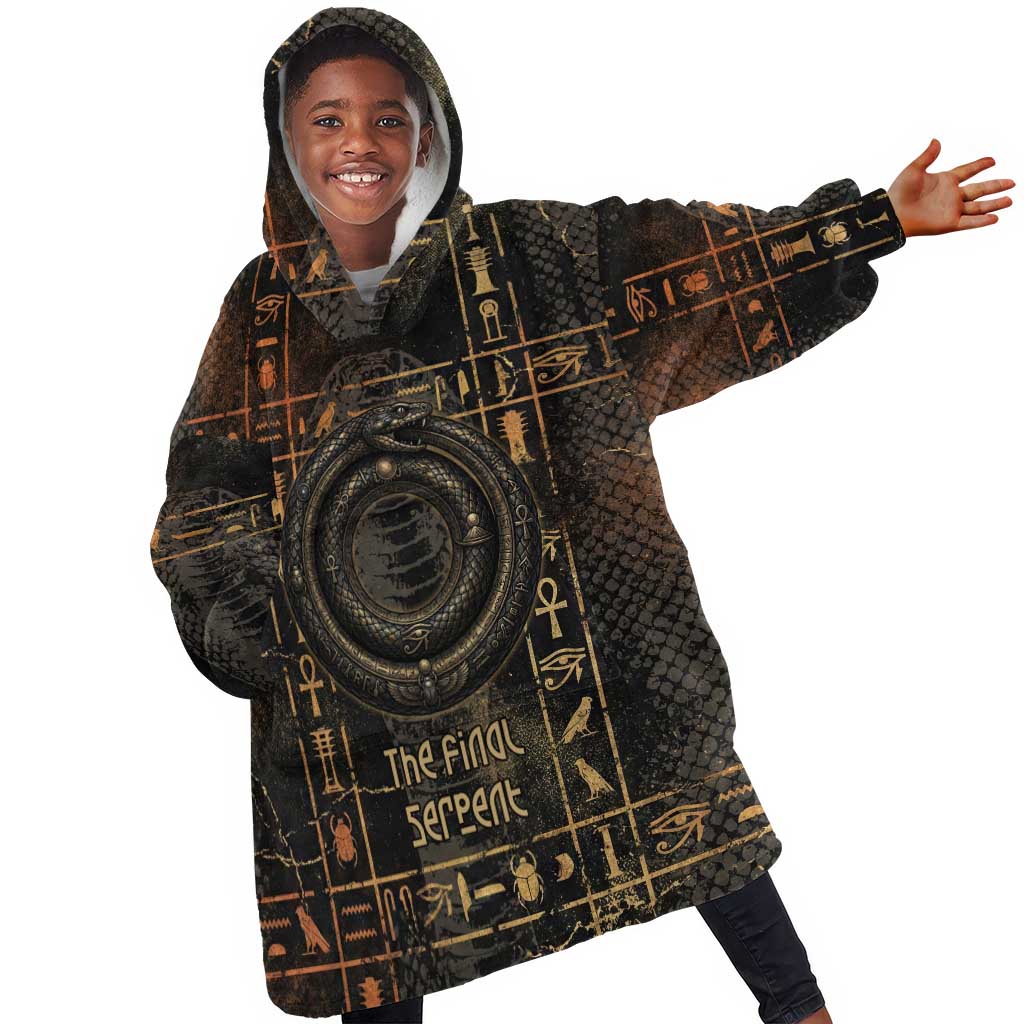 Atum Ancient Egyptian Kid Wearable Blanket Hoodie with Dark Hieroglyph Grid, Ouroboros Serpent Ring and The Final Serpent - Wonder Print Shop