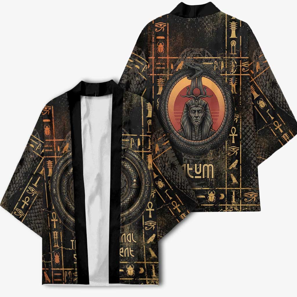Atum Ancient Egyptian Kimono with Dark Hieroglyph Grid, Ouroboros Serpent Ring and The Final Serpent - Wonder Print Shop