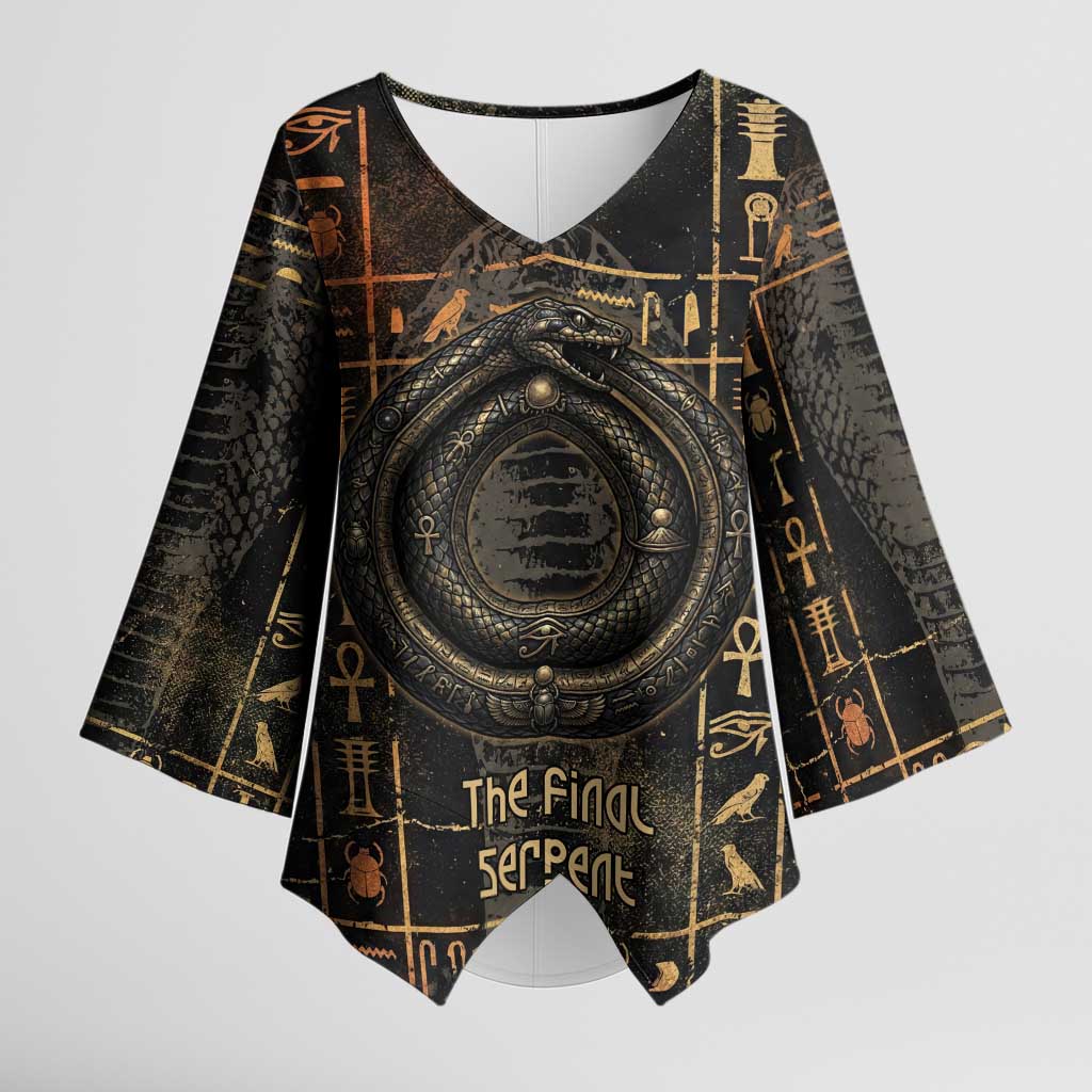 Atum Ancient Egyptian Kimono Sleeve Blouse with Dark Hieroglyph Grid, Ouroboros Serpent Ring and The Final Serpent - Wonder Print Shop