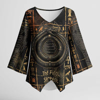 Atum Ancient Egyptian Kimono Sleeve Blouse with Dark Hieroglyph Grid, Ouroboros Serpent Ring and The Final Serpent - Wonder Print Shop