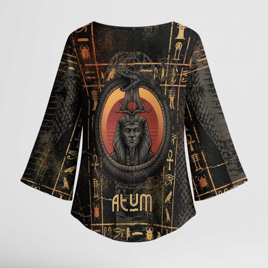Atum Ancient Egyptian Kimono Sleeve Blouse with Dark Hieroglyph Grid, Ouroboros Serpent Ring and The Final Serpent - Wonder Print Shop