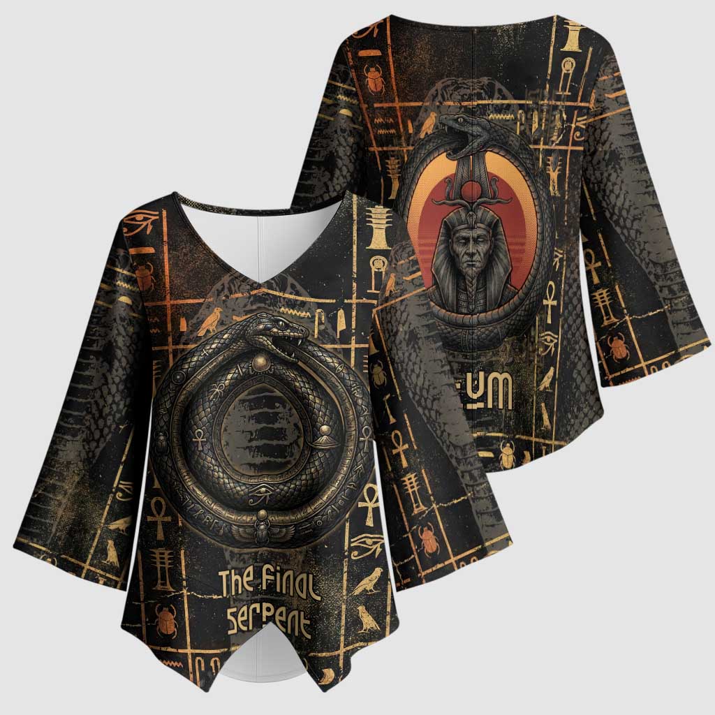 Atum Ancient Egyptian Kimono Sleeve Blouse with Dark Hieroglyph Grid, Ouroboros Serpent Ring and The Final Serpent - Wonder Print Shop