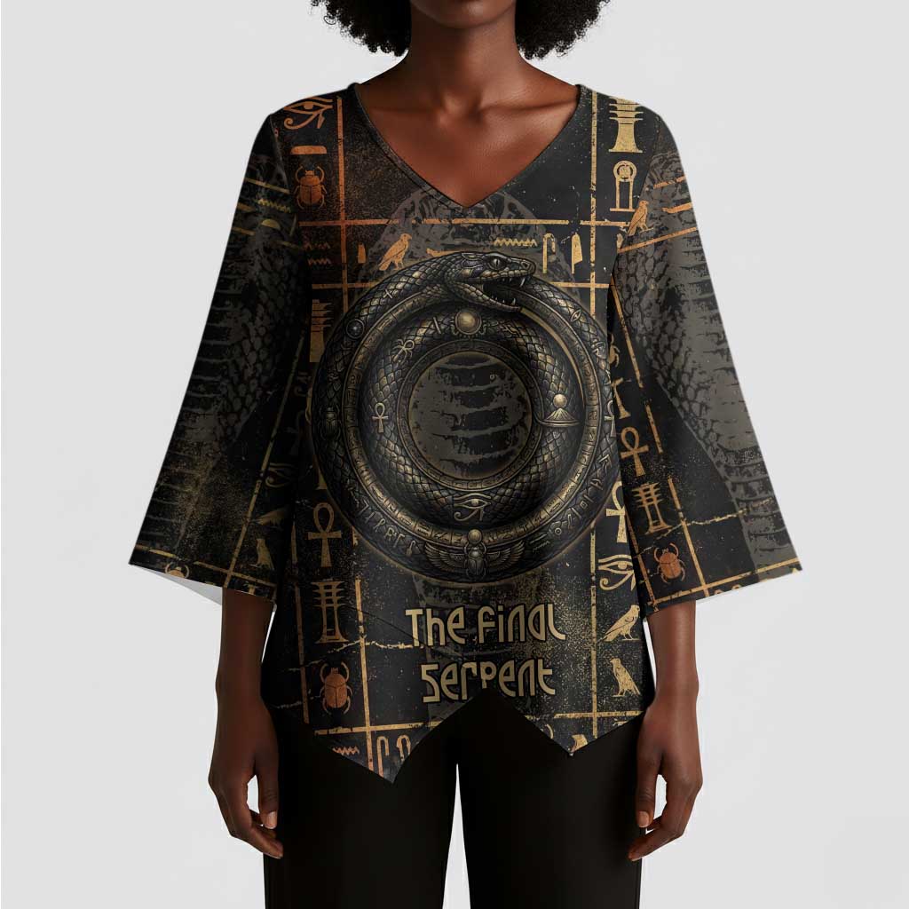 Atum Ancient Egyptian Kimono Sleeve Blouse with Dark Hieroglyph Grid, Ouroboros Serpent Ring and The Final Serpent - Wonder Print Shop