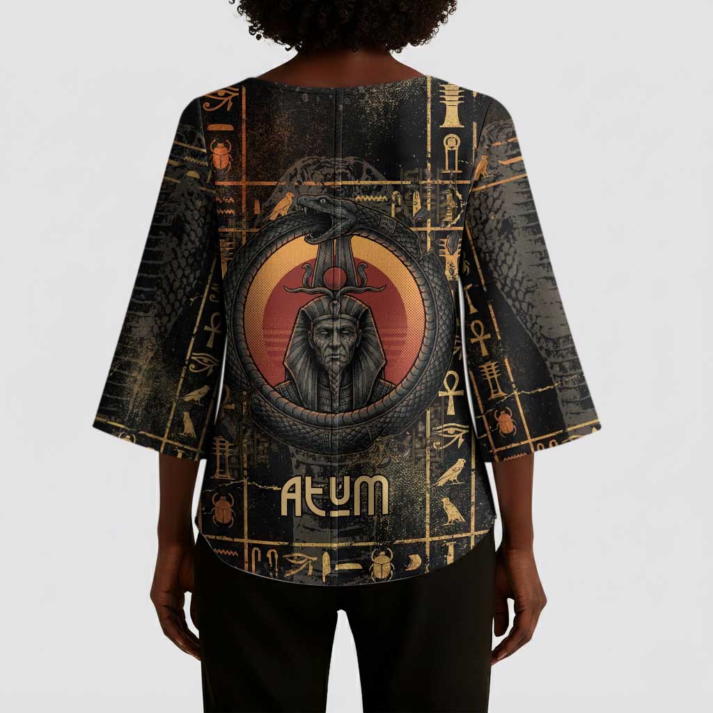 Atum Ancient Egyptian Kimono Sleeve Blouse with Dark Hieroglyph Grid, Ouroboros Serpent Ring and The Final Serpent - Wonder Print Shop