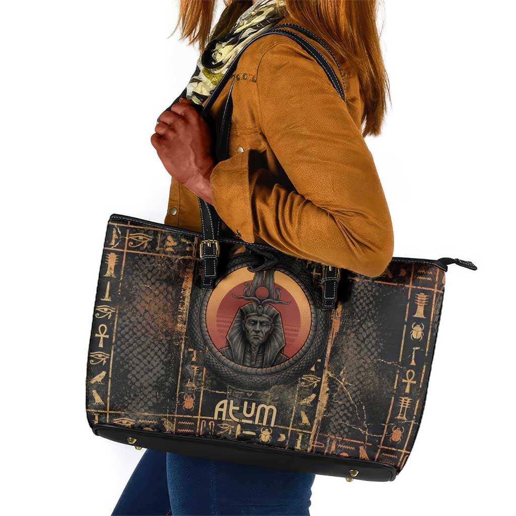 Atum Ancient Egyptian Leather Tote Bag with Dark Hieroglyph Grid, Ouroboros Serpent Ring and The Final Serpent - Wonder Print Shop