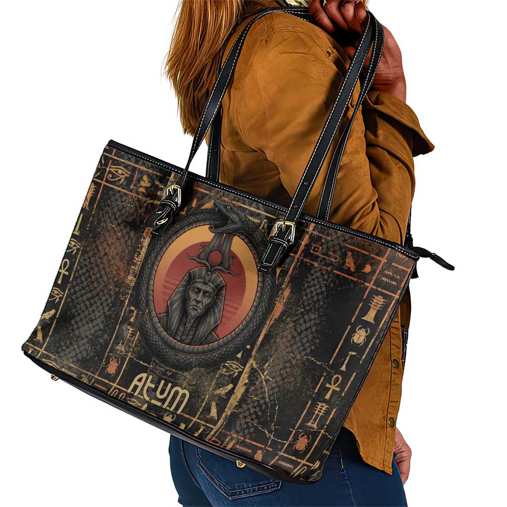 Atum Ancient Egyptian Leather Tote Bag with Dark Hieroglyph Grid, Ouroboros Serpent Ring and The Final Serpent - Wonder Print Shop