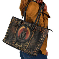 Atum Ancient Egyptian Leather Tote Bag with Dark Hieroglyph Grid, Ouroboros Serpent Ring and The Final Serpent - Wonder Print Shop