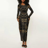 Atum Ancient Egyptian Long Sleeve Bodycon Dress with Dark Hieroglyph Grid, Ouroboros Serpent Ring and The Final Serpent - Wonder Print Shop