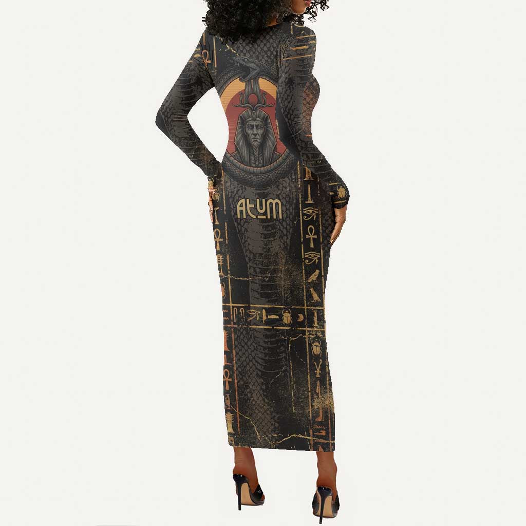 Atum Ancient Egyptian Long Sleeve Bodycon Dress with Dark Hieroglyph Grid, Ouroboros Serpent Ring and The Final Serpent - Wonder Print Shop