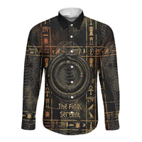 Atum Ancient Egyptian Long Sleeve Button Shirt with Dark Hieroglyph Grid, Ouroboros Serpent Ring and The Final Serpent - Wonder Print Shop