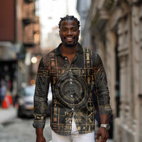 Atum Ancient Egyptian Long Sleeve Button Shirt with Dark Hieroglyph Grid, Ouroboros Serpent Ring and The Final Serpent - Wonder Print Shop