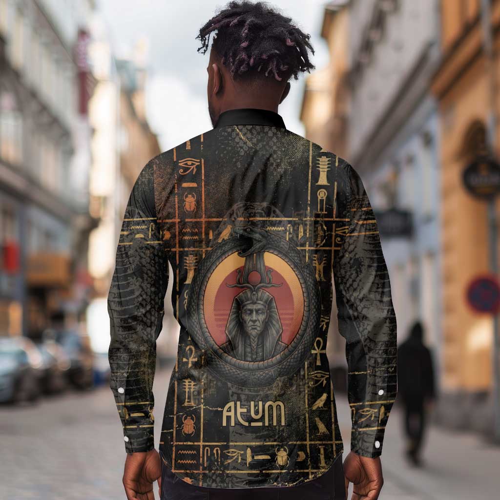 Atum Ancient Egyptian Long Sleeve Button Shirt with Dark Hieroglyph Grid, Ouroboros Serpent Ring and The Final Serpent - Wonder Print Shop