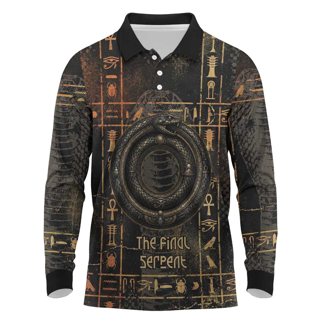 Atum Ancient Egyptian Long Sleeve Polo Shirt with Dark Hieroglyph Grid, Ouroboros Serpent Ring and The Final Serpent - Wonder Print Shop
