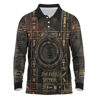 Atum Ancient Egyptian Long Sleeve Polo Shirt with Dark Hieroglyph Grid, Ouroboros Serpent Ring and The Final Serpent - Wonder Print Shop