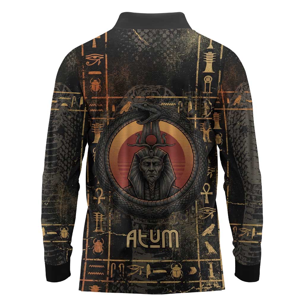 Atum Ancient Egyptian Long Sleeve Polo Shirt with Dark Hieroglyph Grid, Ouroboros Serpent Ring and The Final Serpent - Wonder Print Shop