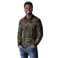 Atum Ancient Egyptian Long Sleeve Polo Shirt with Dark Hieroglyph Grid, Ouroboros Serpent Ring and The Final Serpent - Wonder Print Shop