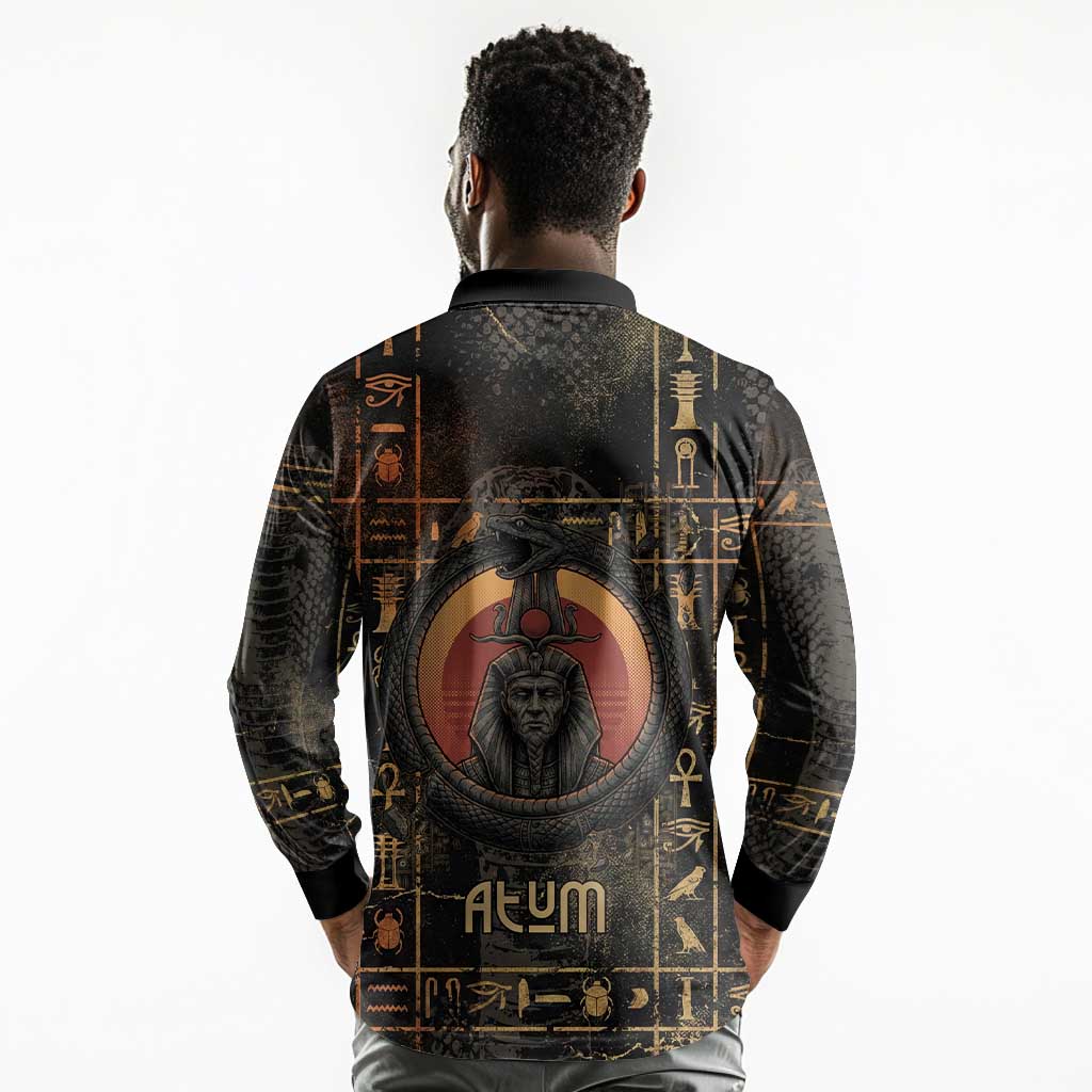 Atum Ancient Egyptian Long Sleeve Polo Shirt with Dark Hieroglyph Grid, Ouroboros Serpent Ring and The Final Serpent - Wonder Print Shop