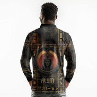 Atum Ancient Egyptian Long Sleeve Polo Shirt with Dark Hieroglyph Grid, Ouroboros Serpent Ring and The Final Serpent - Wonder Print Shop