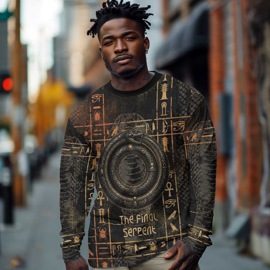 Atum Ancient Egyptian Long Sleeve Shirt with Dark Hieroglyph Grid, Ouroboros Serpent Ring and The Final Serpent - Wonder Print Shop