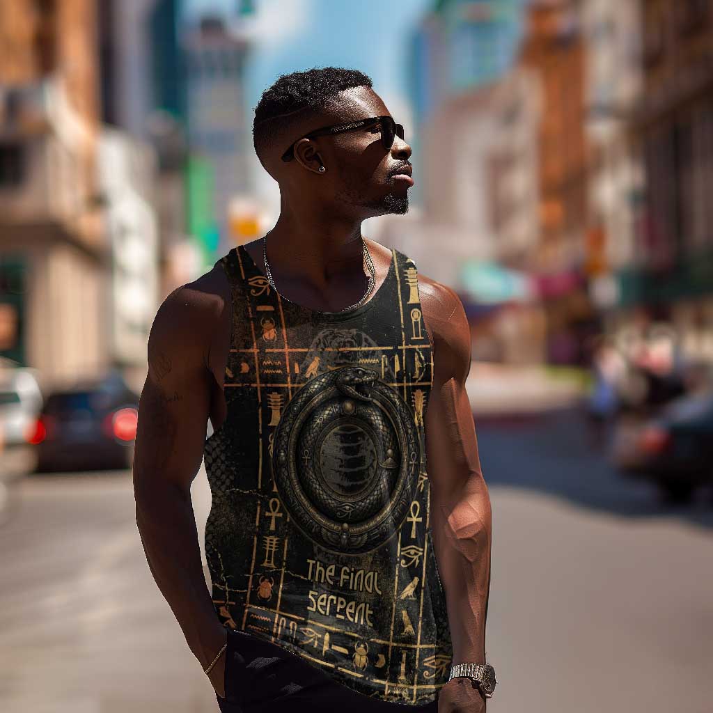 Atum Ancient Egyptian Men Tank Top with Dark Hieroglyph Grid, Ouroboros Serpent Ring and The Final Serpent - Wonder Print Shop