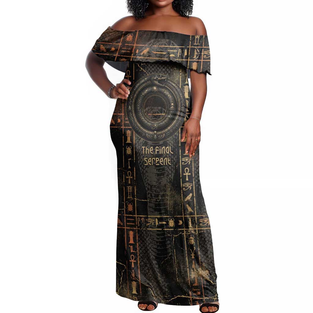 Atum Ancient Egyptian Off Shoulder Maxi Dress with Dark Hieroglyph Grid, Ouroboros Serpent Ring and The Final Serpent - Wonder Print Shop