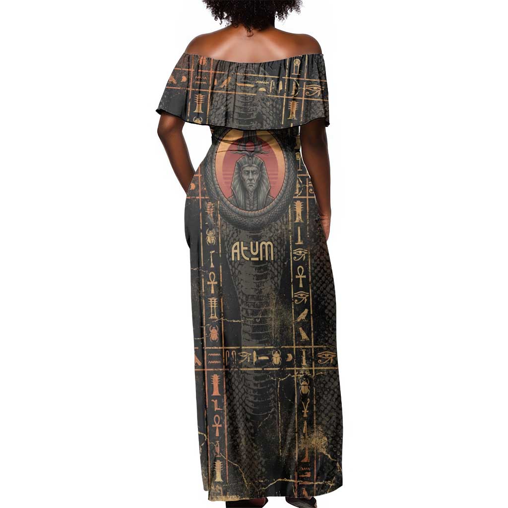 Atum Ancient Egyptian Off Shoulder Maxi Dress with Dark Hieroglyph Grid, Ouroboros Serpent Ring and The Final Serpent - Wonder Print Shop