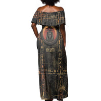 Atum Ancient Egyptian Off Shoulder Maxi Dress with Dark Hieroglyph Grid, Ouroboros Serpent Ring and The Final Serpent - Wonder Print Shop