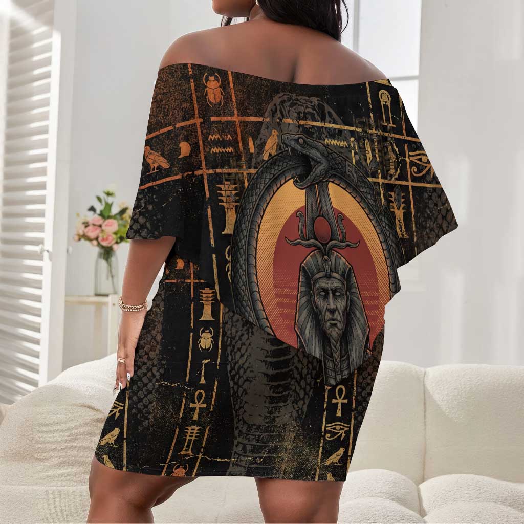 Atum Ancient Egyptian Off Shoulder Short Dress with Dark Hieroglyph Grid, Ouroboros Serpent Ring and The Final Serpent - Wonder Print Shop