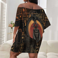 Atum Ancient Egyptian Off Shoulder Short Dress with Dark Hieroglyph Grid, Ouroboros Serpent Ring and The Final Serpent - Wonder Print Shop