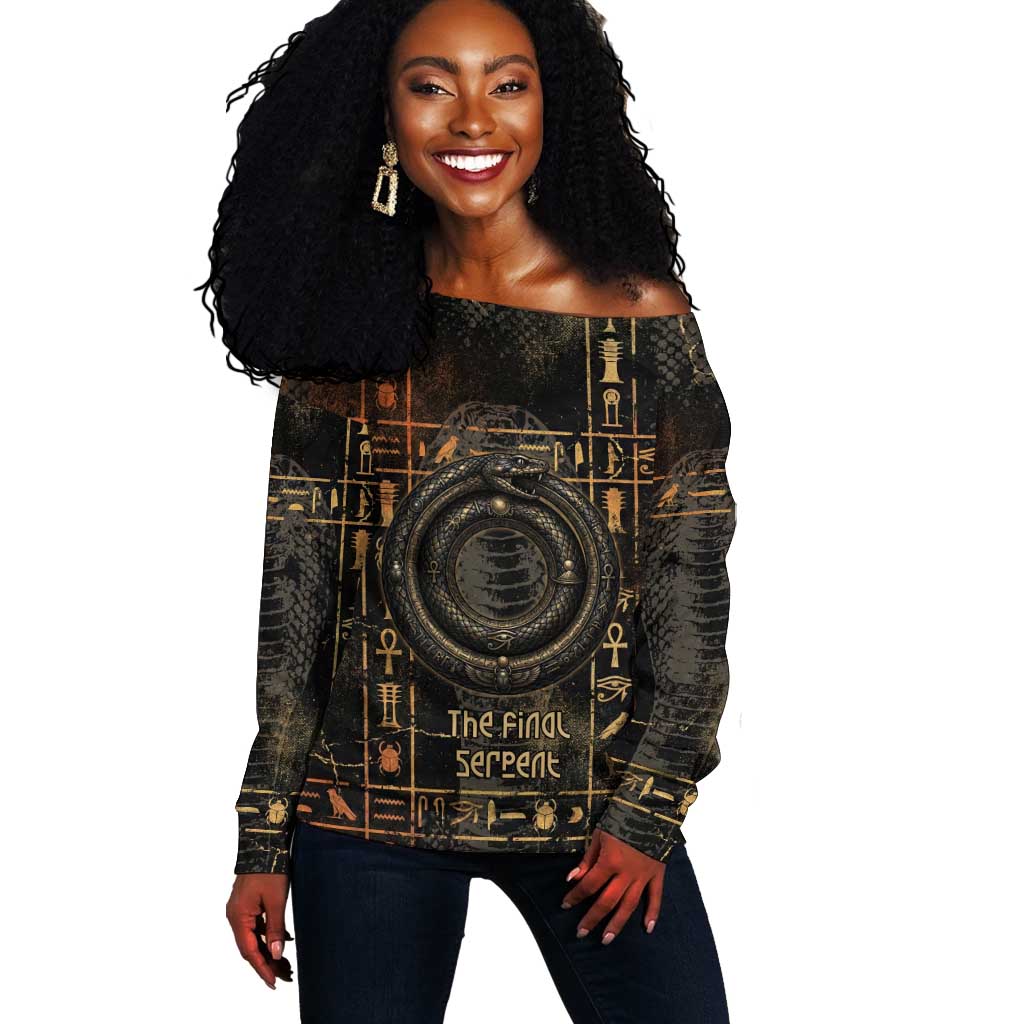 Atum Ancient Egyptian Off Shoulder Sweater with Dark Hieroglyph Grid, Ouroboros Serpent Ring and The Final Serpent - Wonder Print Shop