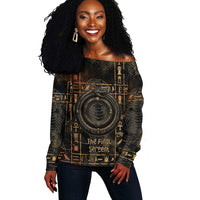 Atum Ancient Egyptian Off Shoulder Sweater with Dark Hieroglyph Grid, Ouroboros Serpent Ring and The Final Serpent - Wonder Print Shop
