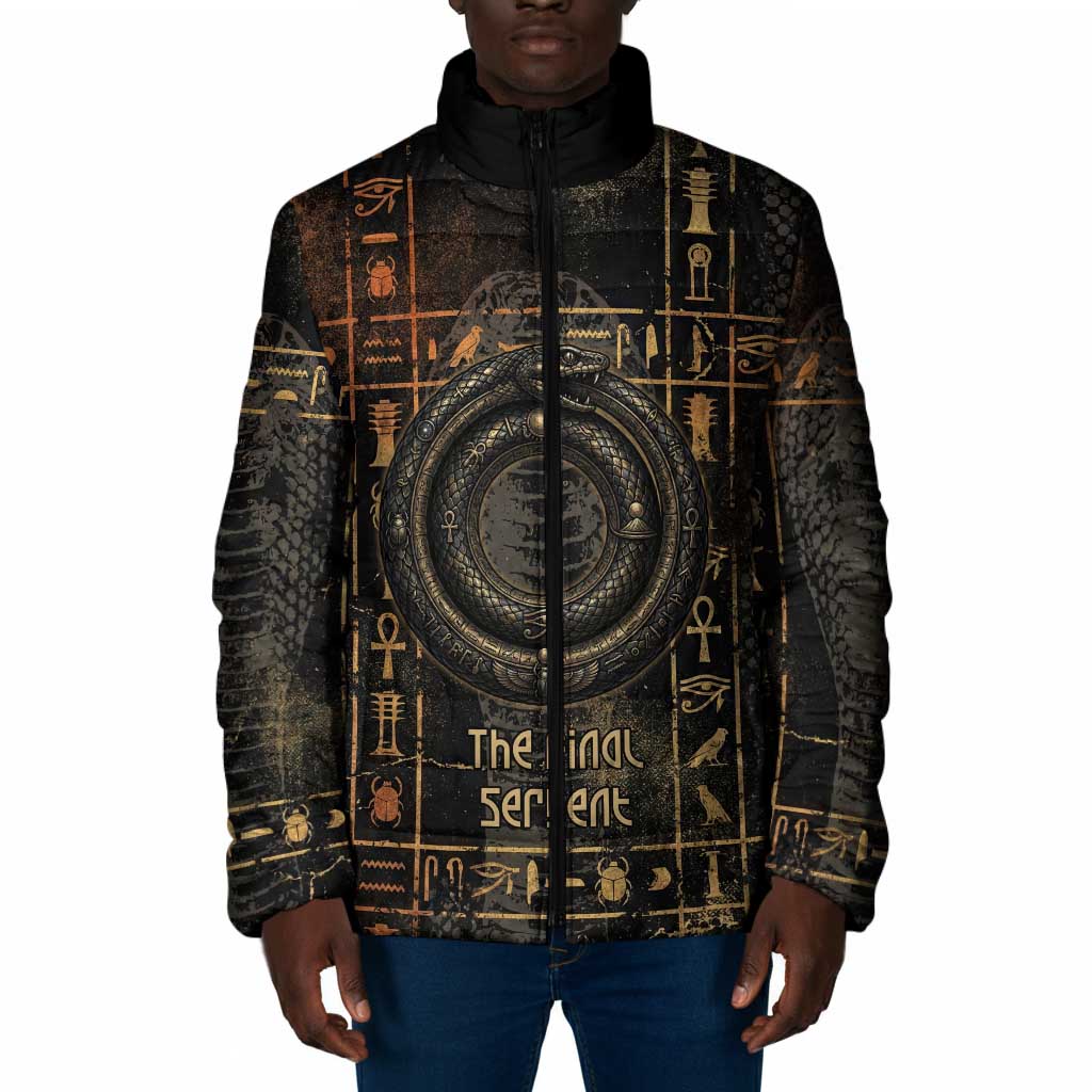 Atum Ancient Egyptian Padded Jacket with Dark Hieroglyph Grid, Ouroboros Serpent Ring and The Final Serpent - Wonder Print Shop