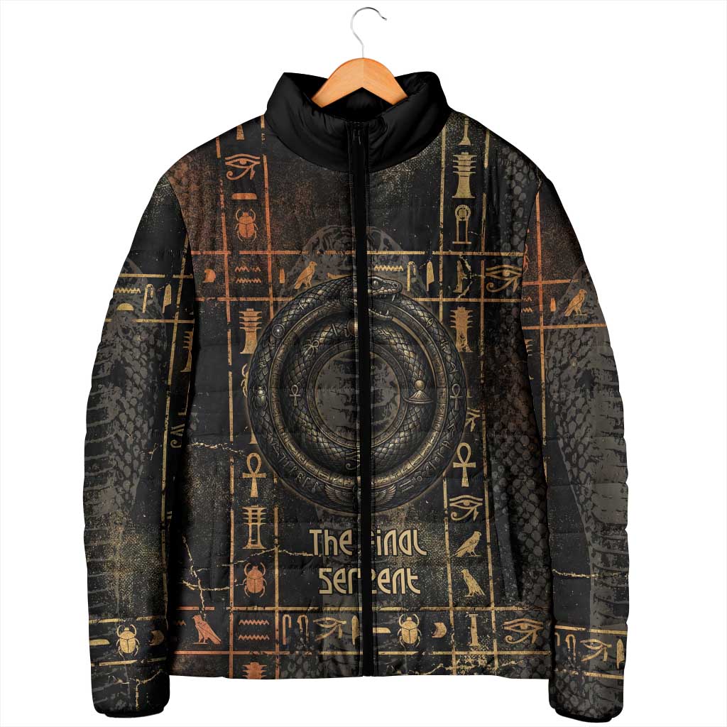 Atum Ancient Egyptian Padded Jacket with Dark Hieroglyph Grid, Ouroboros Serpent Ring and The Final Serpent - Wonder Print Shop