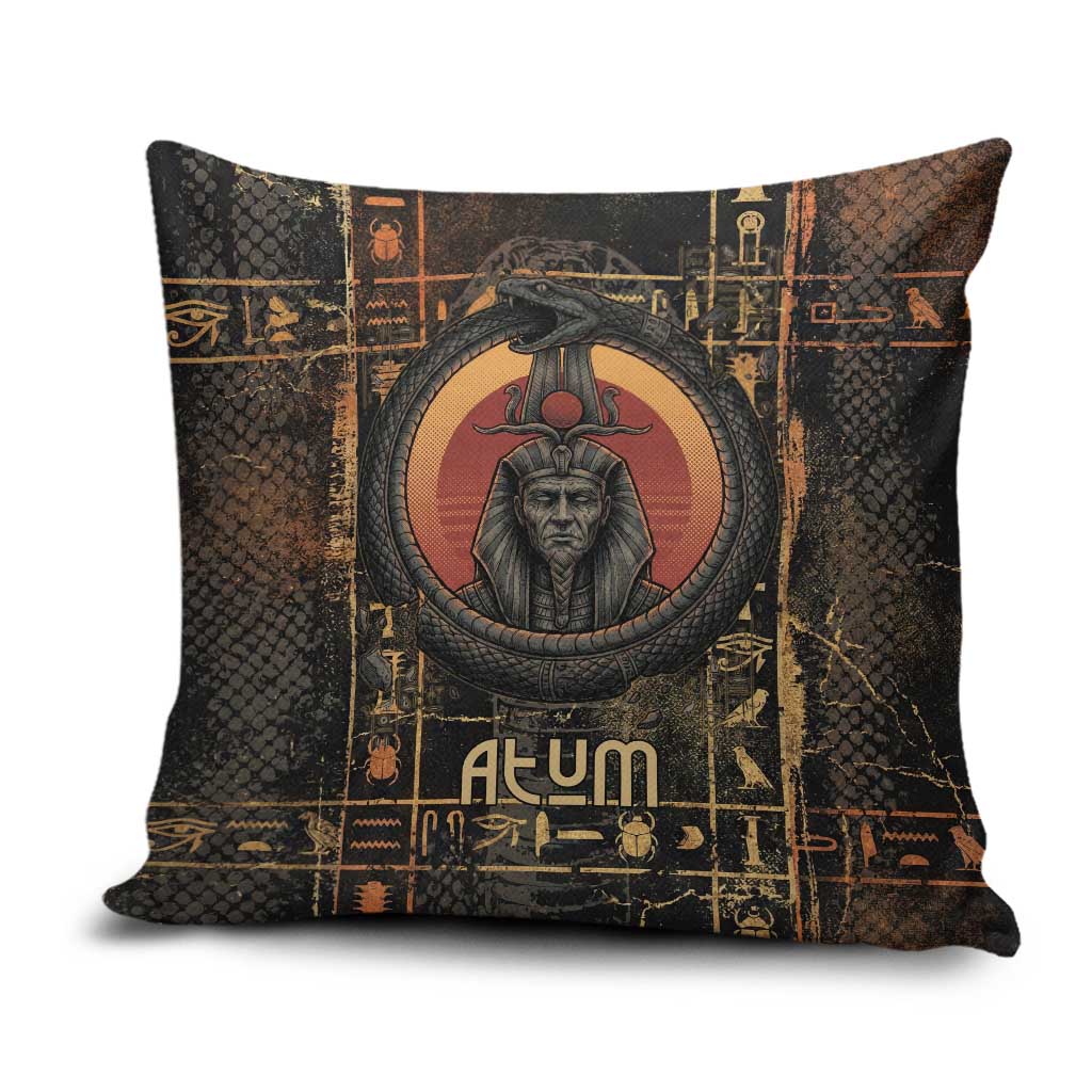 Atum Ancient Egyptian Pillow Cover with Dark Hieroglyph Grid, Ouroboros Serpent Ring and The Final Serpent - Wonder Print Shop
