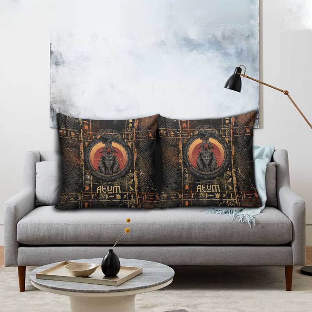 Atum Ancient Egyptian Pillow Cover with Dark Hieroglyph Grid, Ouroboros Serpent Ring and The Final Serpent - Wonder Print Shop
