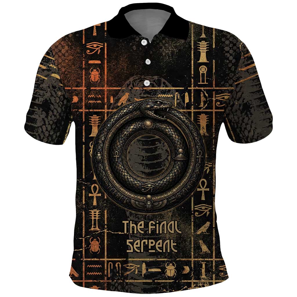 Atum Ancient Egyptian Polo Shirt with Dark Hieroglyph Grid, Ouroboros Serpent Ring and The Final Serpent - Wonder Print Shop