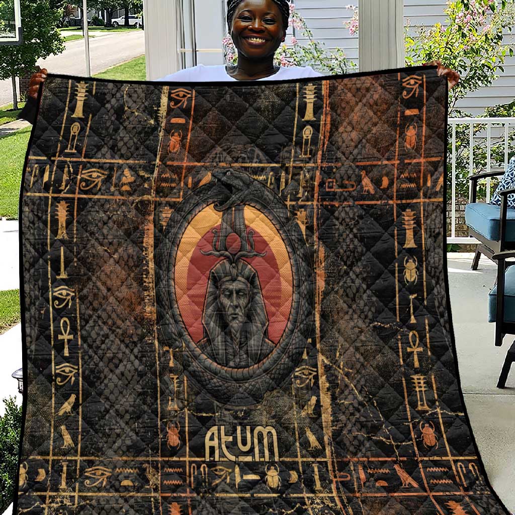 Atum Ancient Egyptian Quilt with Dark Hieroglyph Grid, Ouroboros Serpent Ring and The Final Serpent - Wonder Print Shop