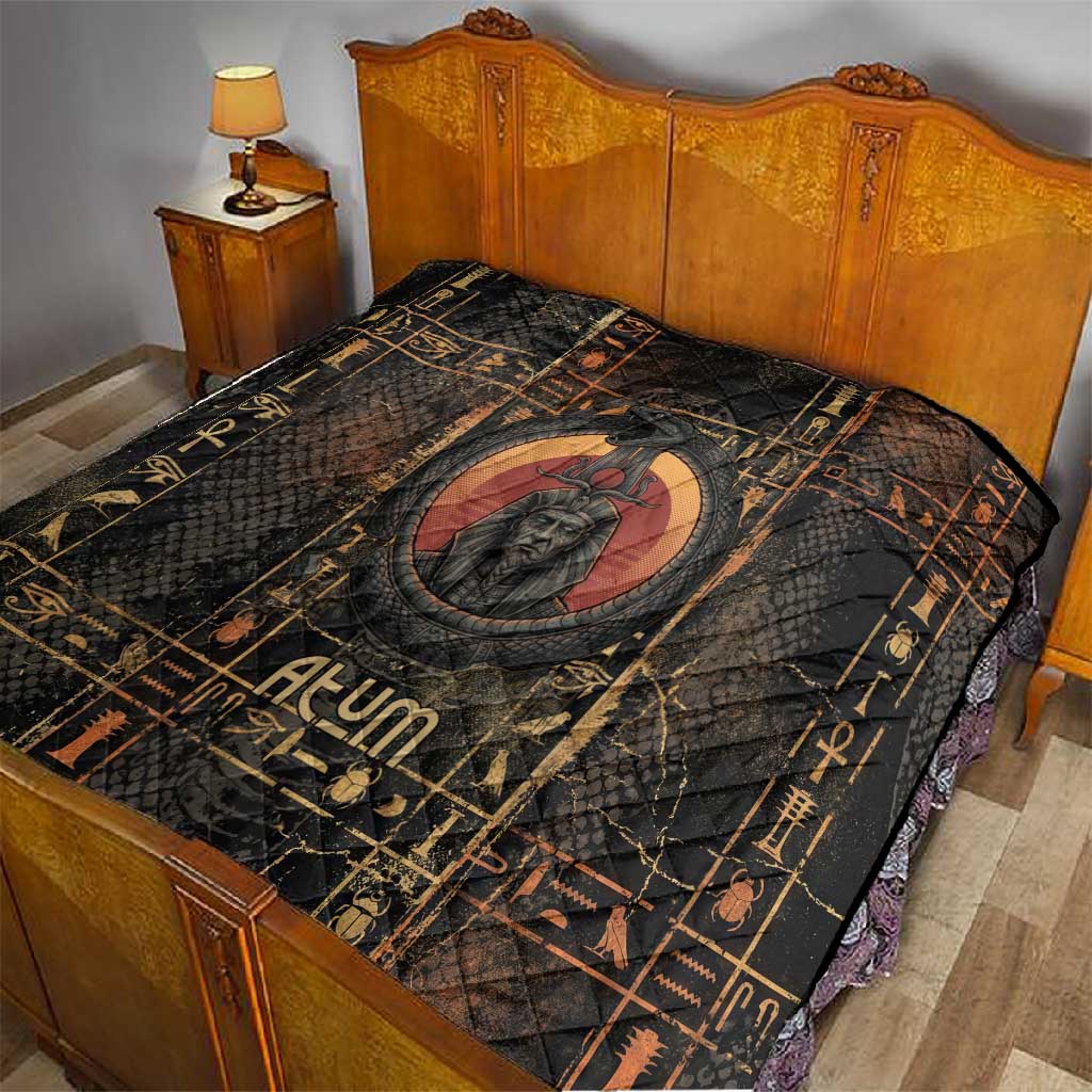 Atum Ancient Egyptian Quilt with Dark Hieroglyph Grid, Ouroboros Serpent Ring and The Final Serpent - Wonder Print Shop