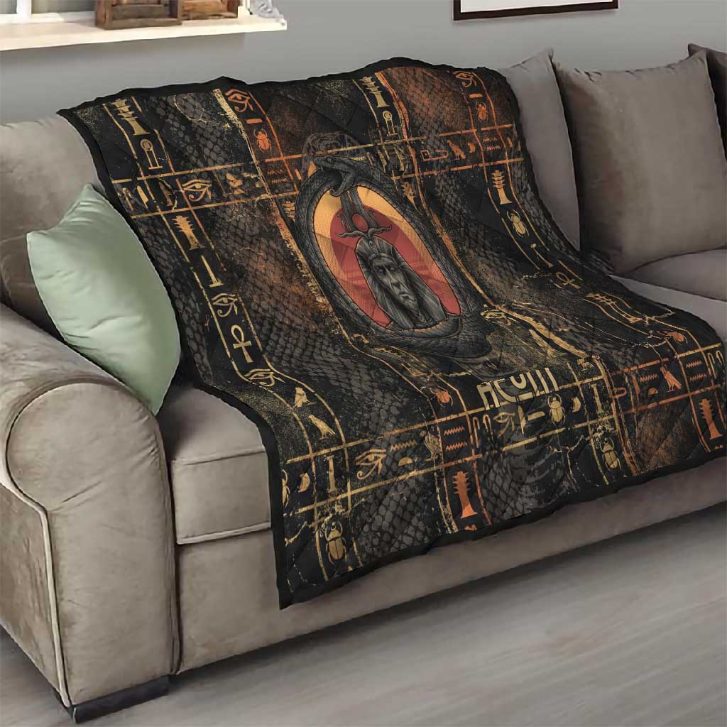 Atum Ancient Egyptian Quilt with Dark Hieroglyph Grid, Ouroboros Serpent Ring and The Final Serpent - Wonder Print Shop