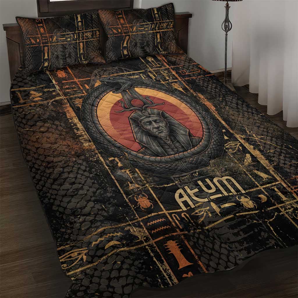Atum Ancient Egyptian Quilt Bed Set with Dark Hieroglyph Grid, Ouroboros Serpent Ring and The Final Serpent - Wonder Print Shop